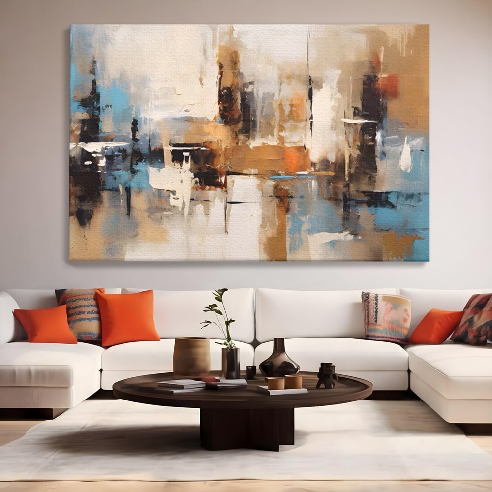 Tablou canvas cu pictura abstracta cu linii verticale, fara rama, pe sasiu de lemn, pe perete intr-un living